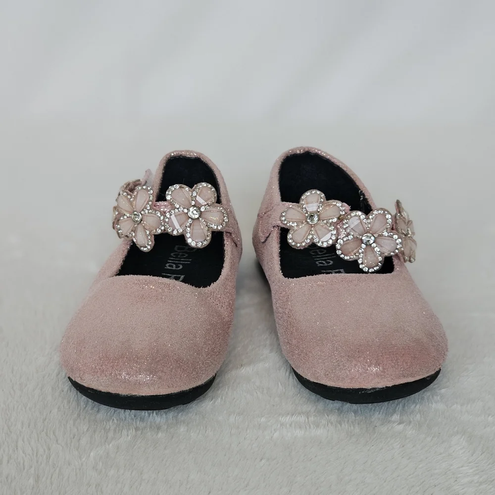 BELLA ROSA | Toddler Little Girls Glitter Pink Flowers Mary Jane Dress Shoes
